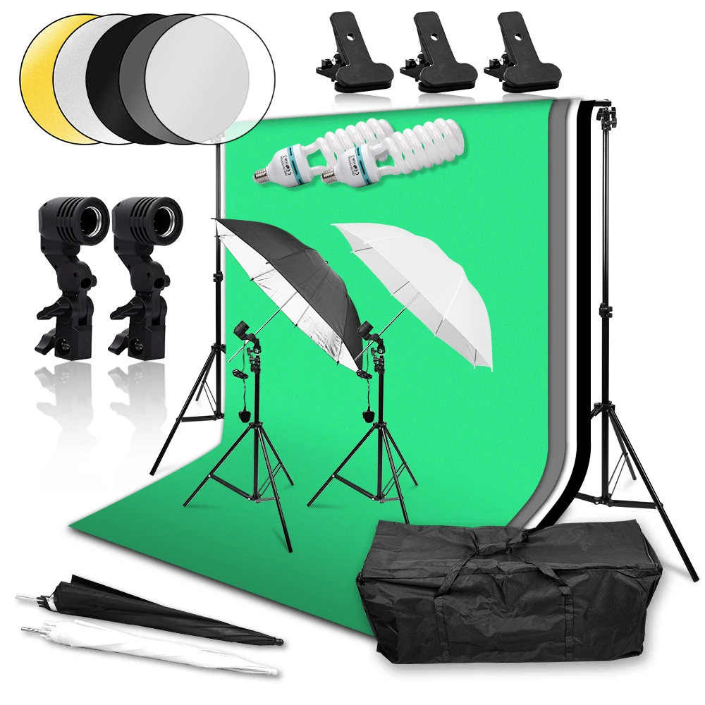 

2x135W Photo Studio Continuous Lighting Backdrop Umbrella Kit 2x3M Background Support Stand System 60cm Reflector for Video