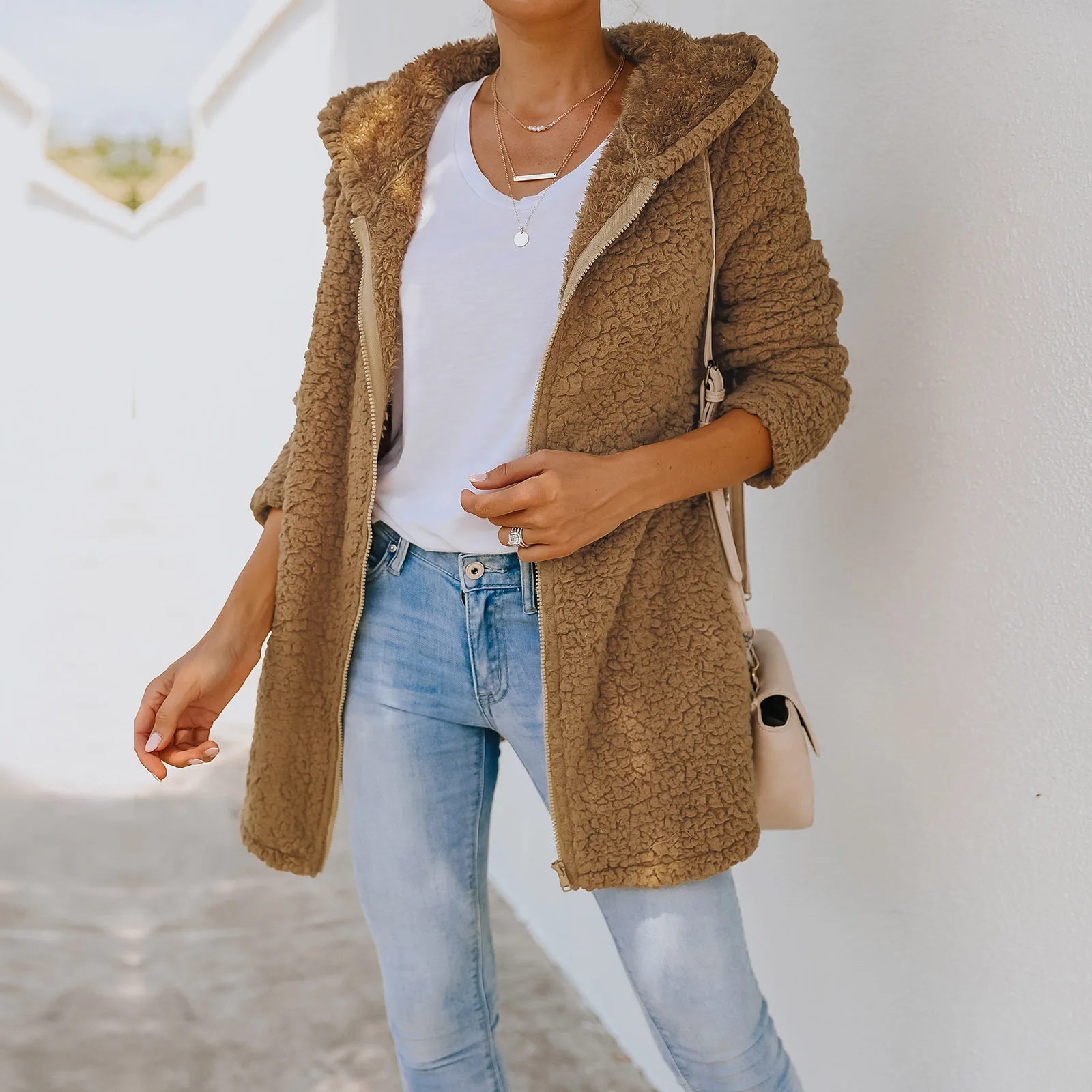 2021 Women Winter Lamb Wool Jacket High Quality Plush Outwear  Solid Color Casual Hooded Jacket Oversized Female Zipper Coat