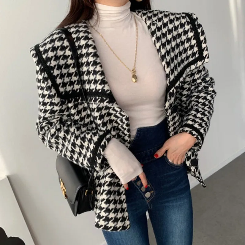 

New Fashion Women Elegant Fall Winter Sailor Collar Single Breasted Thick Woolen Cloth Coat 2021 Houndstooth Cardigan Jackets