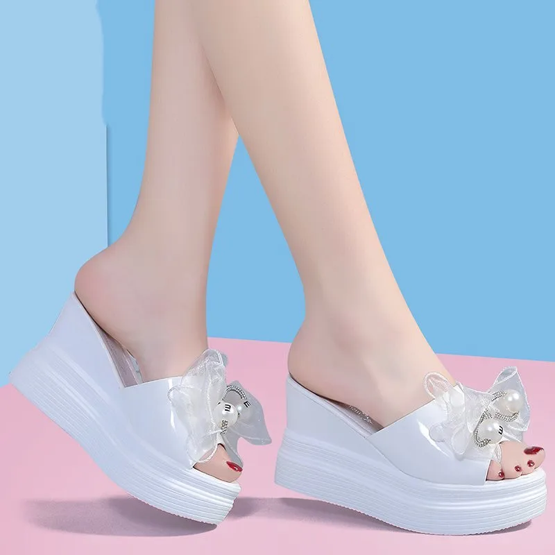 

Female Shoes Slippers Casual On A Wedge Butterfly-Knot Slides Women Heels Jelly Flip Flops 2021 Luxury High Flat Glitter Crystal