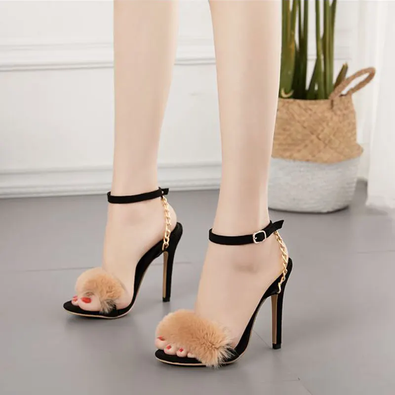 Новые летние меховые босоножки 2019 туфли на высоком каблуке с ремешком щиколотке