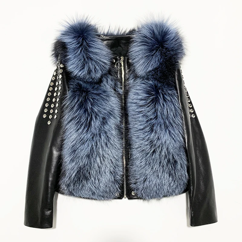 Rf2055 короткие Стиль Натуральная овечья кожа куртка из меха черно бурой лисицы