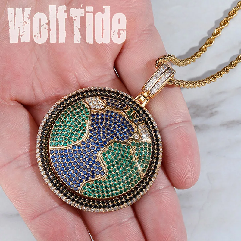 

Hip Hop Gold Bling Colorful Rotate Earth Pendant Necklace Iced Out Cubic Zircon Charm Miami Rapper Jewelry Gifts for Guys Men