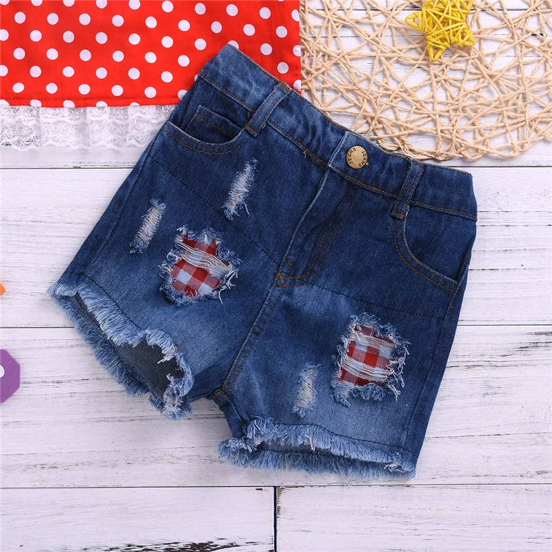 

Girls summer breathable Clothes set Three Pieces Fashion Polka Dot Sleeveless Tops and Ripped Denim Short Pants with Headband