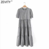 zevity 2021 new women vintage o neck puff sleeve plaid print pleats midi dress female chic casual ruffles a line vestidos ds8312