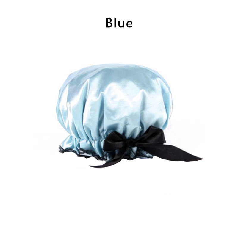 Blue Красивая роскошная кружевная шапочка для душа с бантиком для женщин, эластичная водонепроницаемая шапочка для ухода за волосами, для ванной, для девушек, милая густая шапочка для купания - Цвет: Blue