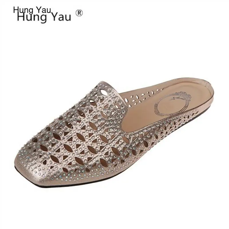 

Women Sandals Summer Platform Sandals Comfortable High Heel Hollow Leather Black Rhinestone Slides Muller Shoes Flats size 34-45