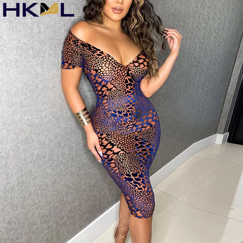 

Новинка 2021, женское платье-миди с принтом, облегающее платье-миди с коротким рукавом и V-образным вырезом, классическое вечернее платье-миди