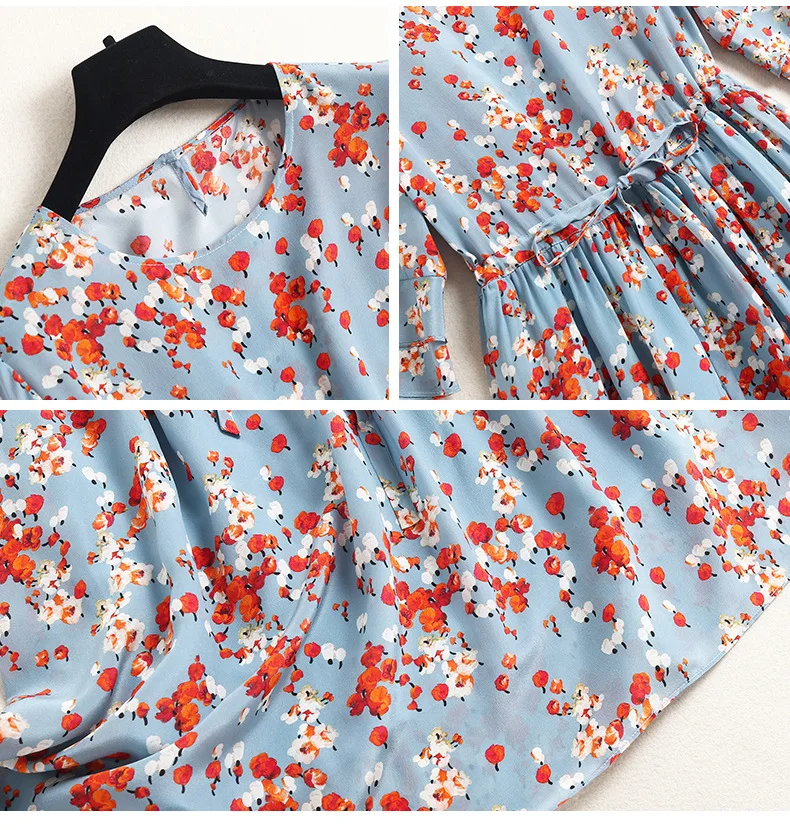 

100% Natural Silk Women's Dresses O Neck Half Flare Sleeves Printed Fashion Lace Up Waist Summer Dress Vestidos