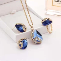 crystal rhinestone gold color water drop pendant necklace earrings ring sets bride wedding jewelry sets for women accessories