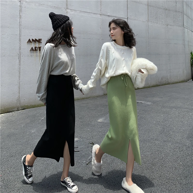 Видео # Осень/Зима до раскола авокадо зеленые высокие талии трикотажные юбки