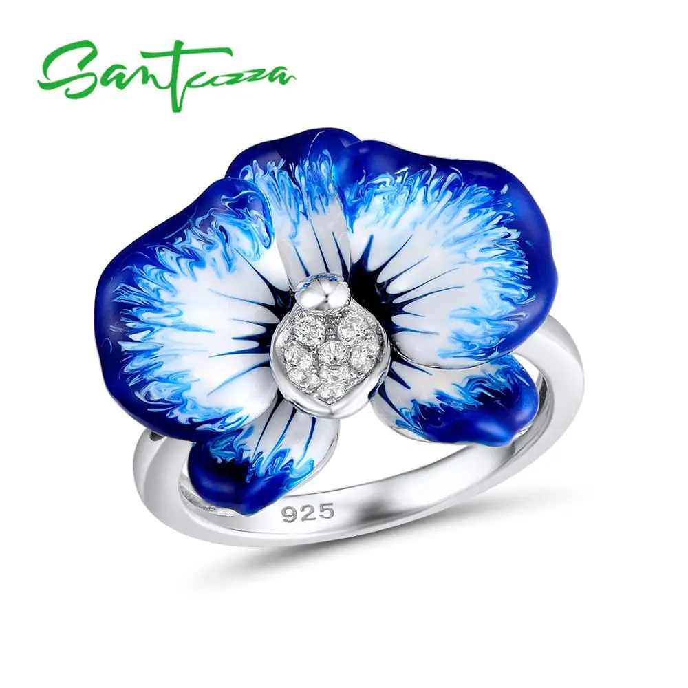 Серебряное кольцо для женщин SANTUZZA, 925 пробы, серебряное, фиолетовое, Цветущий цветок, кольцо с кубическим цирконием, вечерние, шикарные ювелирные изделия ручной работы, эмаль