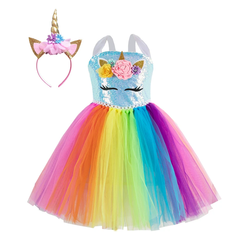 Unicorn Costume Dress Girl 2021 Rainbow Birthday Party Gift Princess Tutu Christmas Halloween for Kids Full Sets | Тематическая