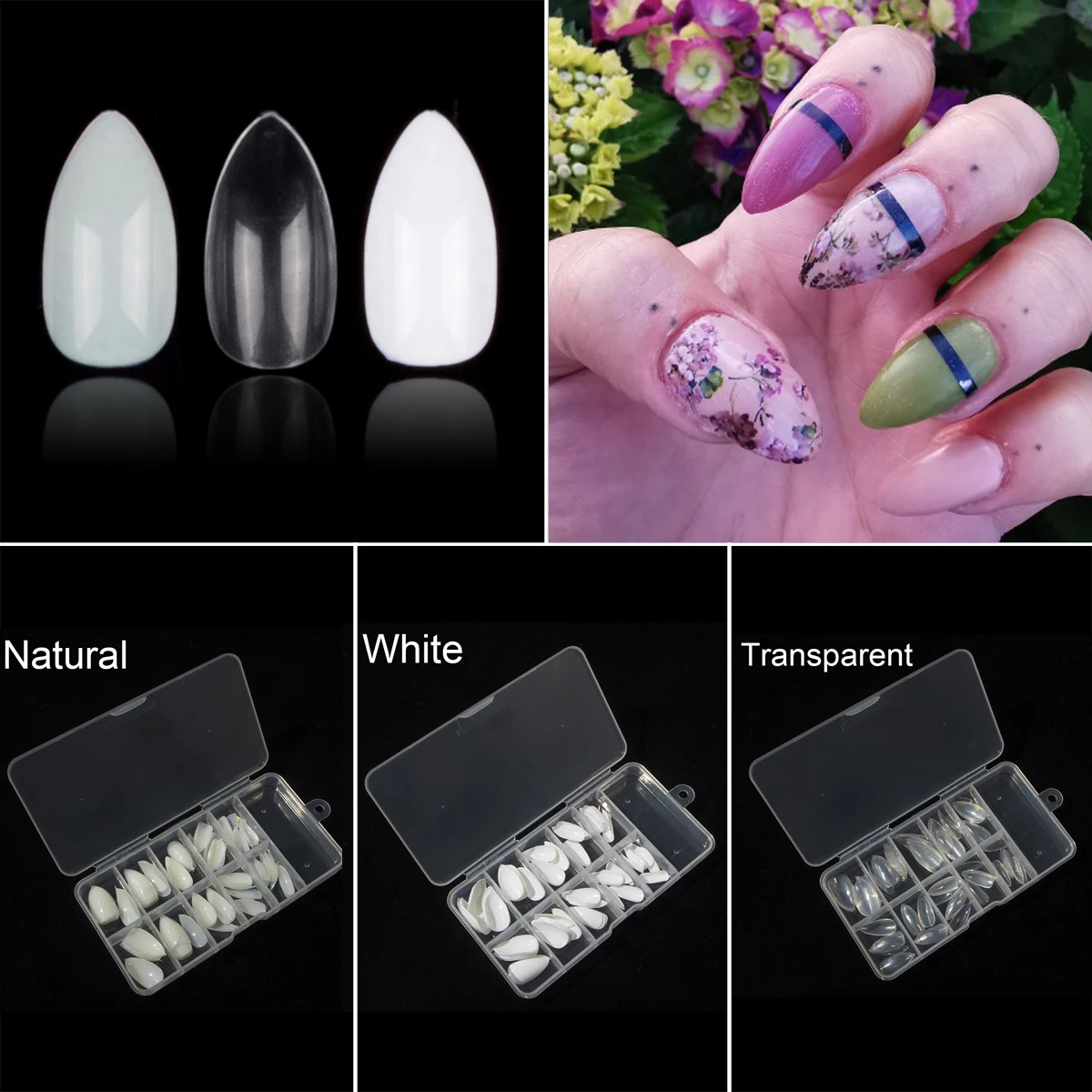 100 шт. в коробке Короткие искусственные накладные ногти форме миндаля 10 размеров