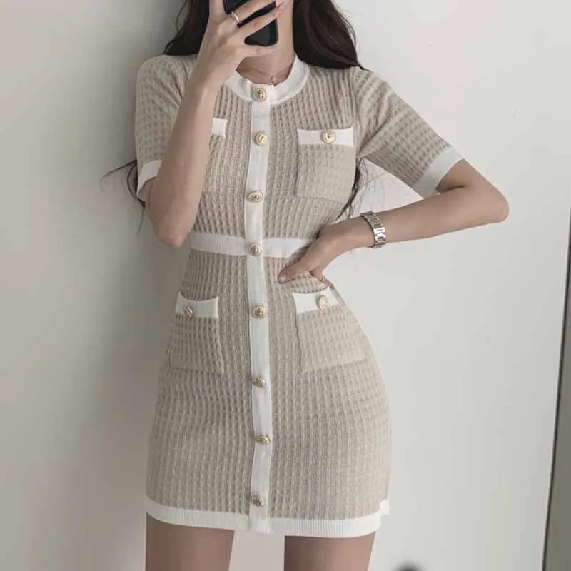 

Elegant Korean Round Neck Single-breasted Wool Knit Dress 2021 Party Summer Black Slim Buttoned Tight-fitting Mini Dress Vestido