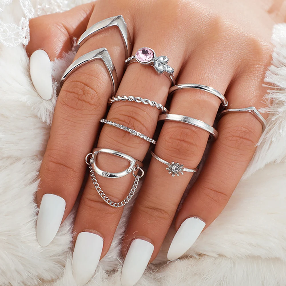 

9 pcs/lot Pink Crystal Flower Finger Rings Sets Thin Chain Tassel Joint Ring Female Knuckle Rings for Women Nails Toes Jewelry