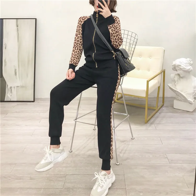 Новый Повседневный вязаный спортивный костюм женский леопардовый кардиган