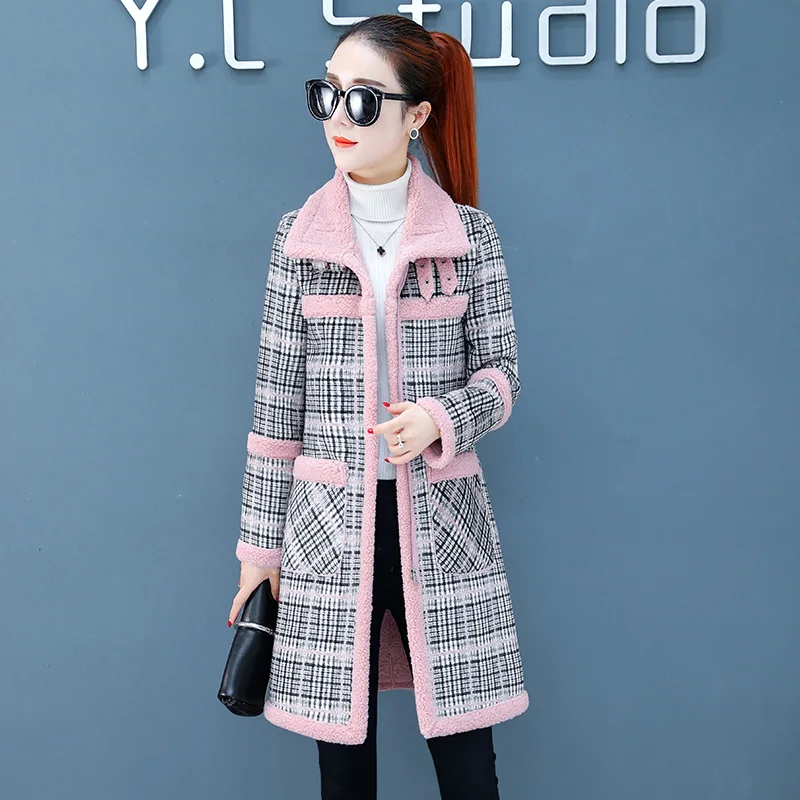 2019 Розовый Ретро Тонкий Хаундстут пальто осень и зима плюс бархат утолщение