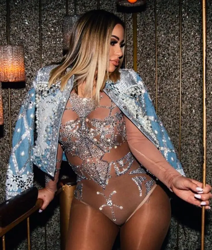 

Silver Crystals Mash Leotard Big Stretch Outfit Celebrate Female Singer Dj Perspective Bodysuit Rhinestones Costume Sexy Clothes