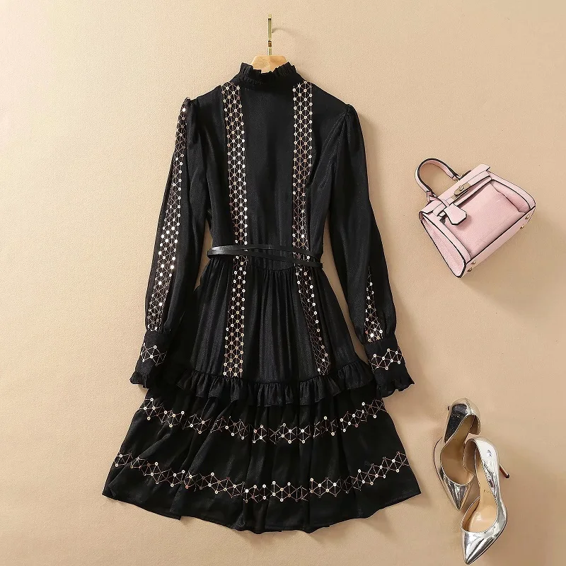 

Dress 2021 Sequined Spring Summer Style Women Geometric Patterns Embroidery Long Sleeve Black White High Quality Chiffon Dress