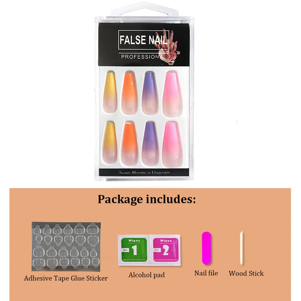 

20pcs/Set Long Coffin Fake Nails European Rainbow Ballerina Full Nail Art Tips Gradient Color Beauty Artificial False Nails
