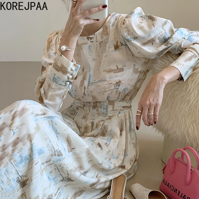 

Корейское женское платье 2021 Ранняя осень корейский шик нишевое ретро платье с круглым вырезом и принтом на шнуровке с длинным рукавом-фонар...