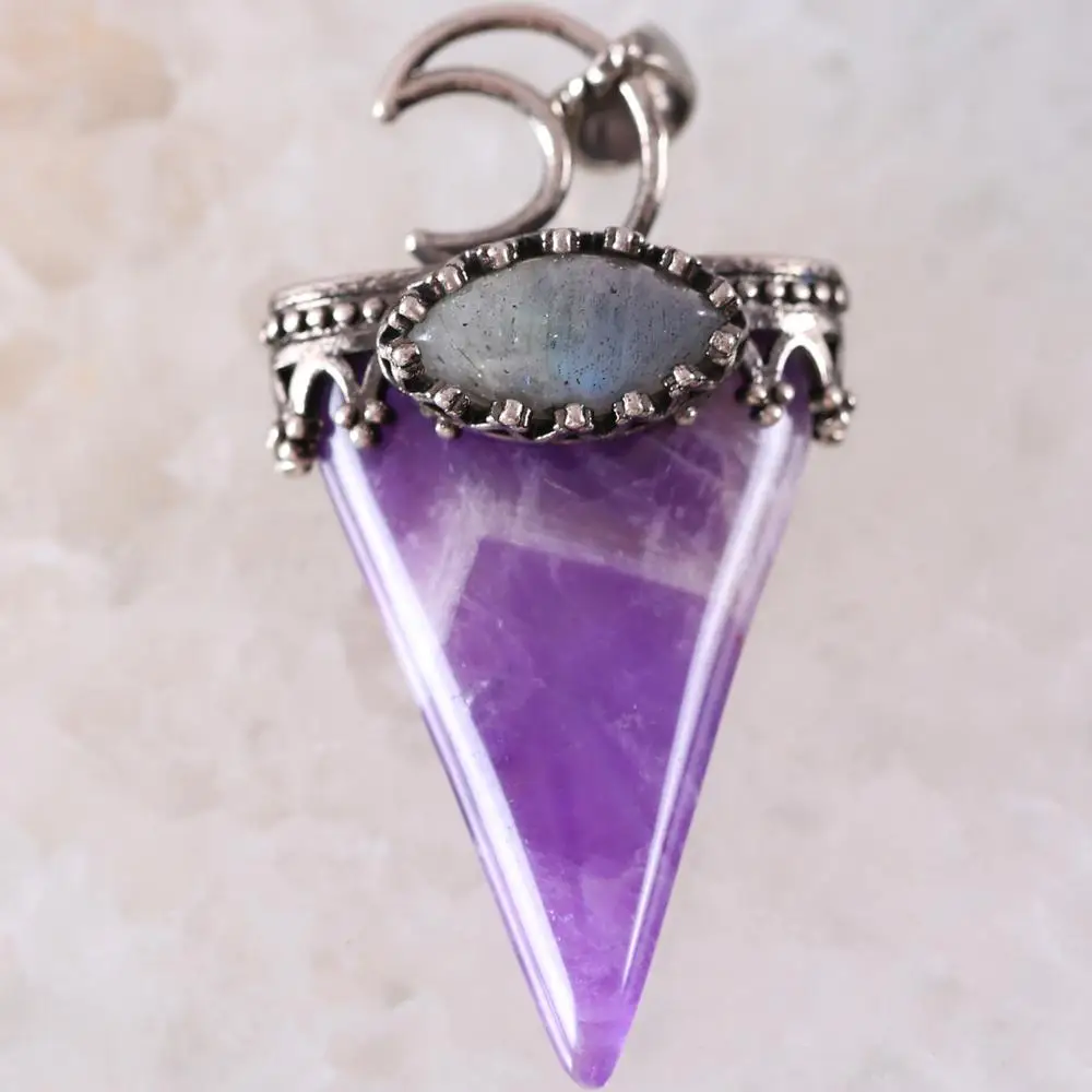 

Кулон из натурального камня, Фиолетовый Кристалл, треугольник, античный серебряный цвет, корона, полумесяц, ожерелье для мужчин и женщин, це...