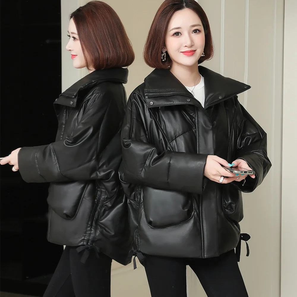 Genuine Leather Down Jacket New Winter Women's Standing Collar Brand Sheepskin Outerwear Relaxed Fit Casual Black Coat Pockets enlarge