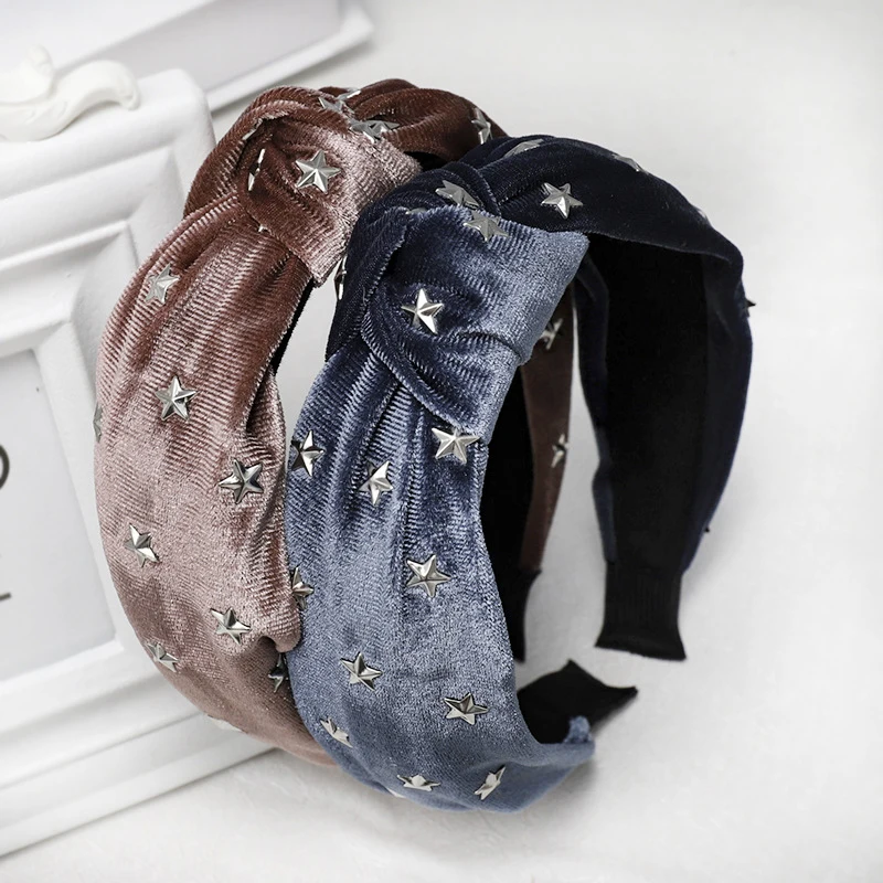 

1Pc New Wide Hairband Bohemian Vintage Velvet Knot With Star Stamping Headband Hair Hoop Knotted Hairband Hair Accessories