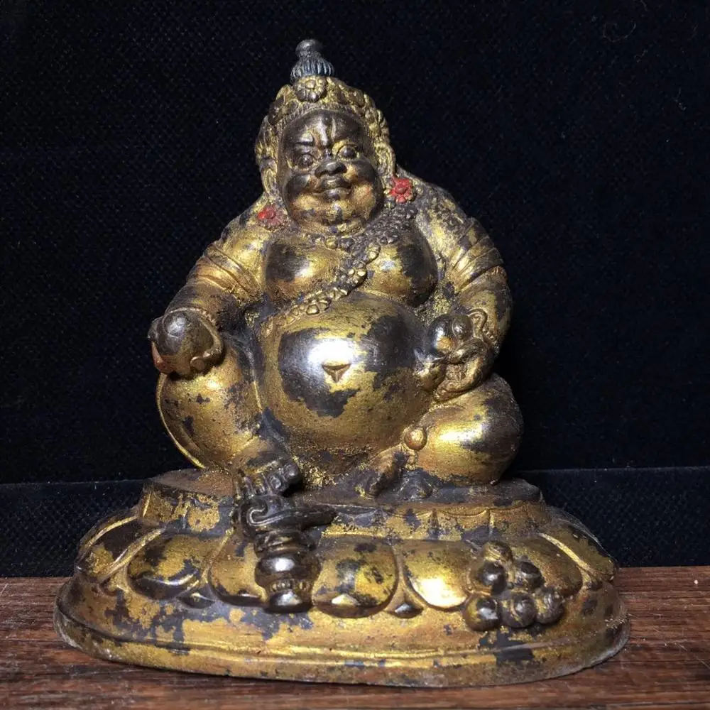 

4"Tibet Buddhism Temple Old Bronze Cinnabars Gilt Style of the Northern Wei Dynasty Yellow God of Wealth Buddha Statue Enshrine