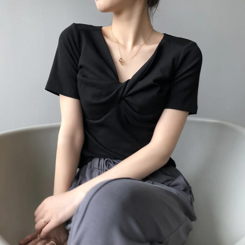 

V-neck Short SleeveT-shirt Women Summer New Korean Style Design Folds Slim Fit Woman Tops Simple Solid Basic All Match Tshirts