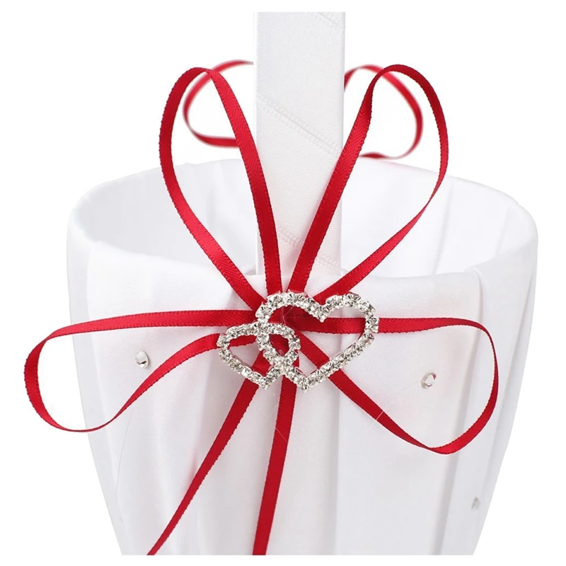 Двойное сердце свадебная Цветочная корзина для девочек белые атласные Стразы