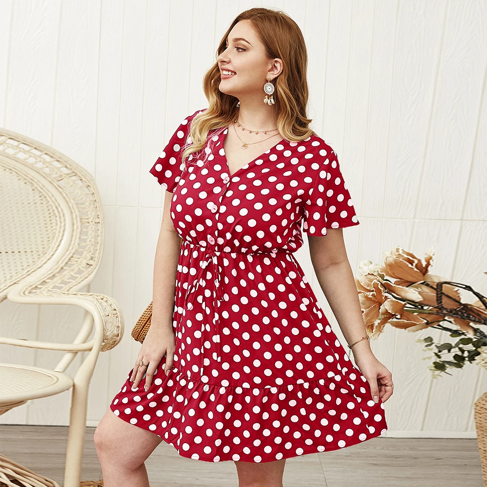 Женское облегающее мини платье в горошек пляжное большого размера с V образным