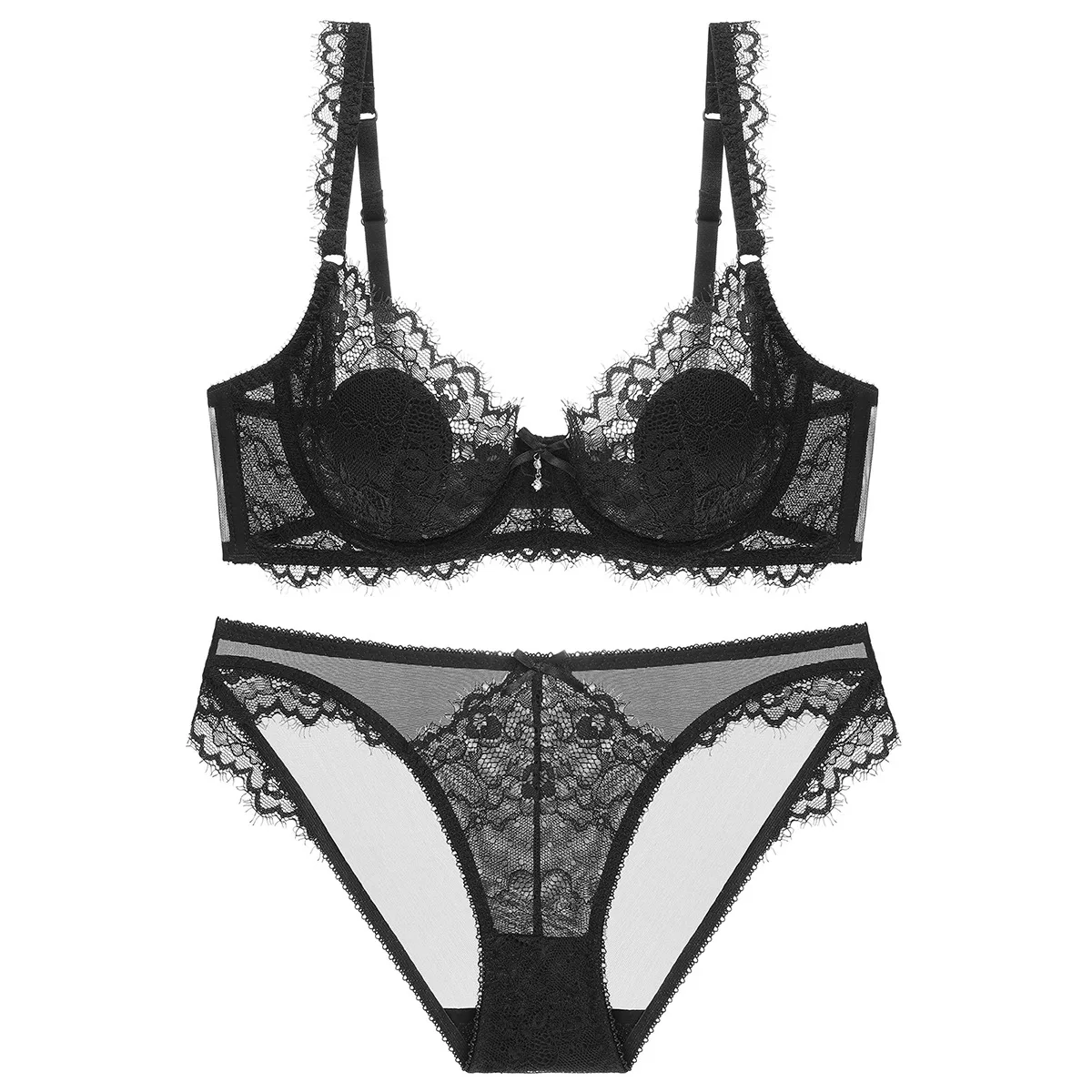 

Bra sets lingerie Sexy mesh openwork lingerie set transparent langerie cojunto bows gather women underwear plus size