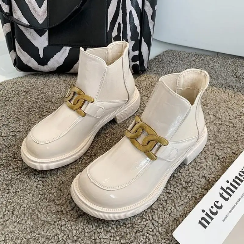 

PU Ankle Boots Female Women Shoes Fashion 2021 Platform Heels Metal Decoration Martin Boots Woman Booties Designer Shoes Ladies