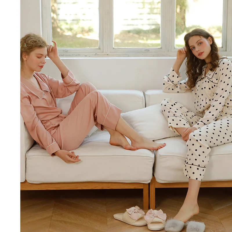 105 Spring Autumn Stain Dot Womens Shirt Pajamas Set Long Sleeve Two-pieces Sleepwear V-neck Women Nightwear Full Pant Homewear