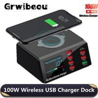 grwibeou 100w wireless usb charger dock 18w pd qc3 0 fast charger station smart led display 8 port usb for samsung huawei iphone