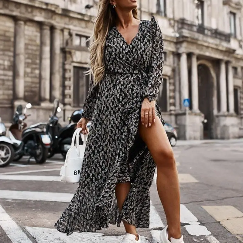 

2020 Elegant Long Sleeves Belt Party Dress Casual Autumn Bandage Long Dress Female Leopard Print Women Button Shirt Dress