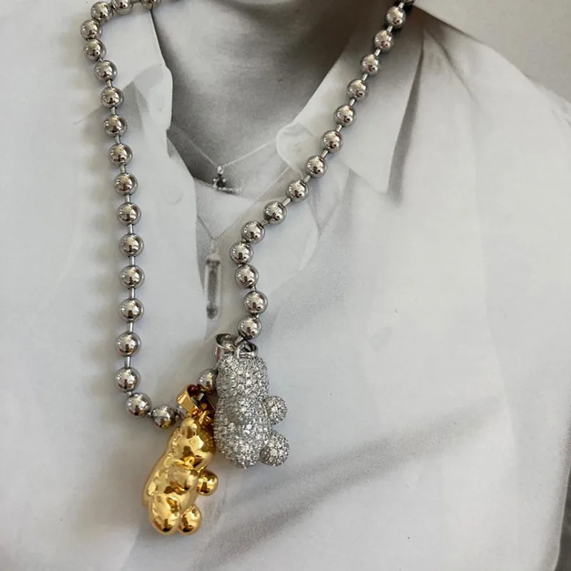 

New Metal Bear Zircon Crystal Smiley Pendant Chain Necklace Gold Silver Color 2021 for Women Men Girls Party Jewelry