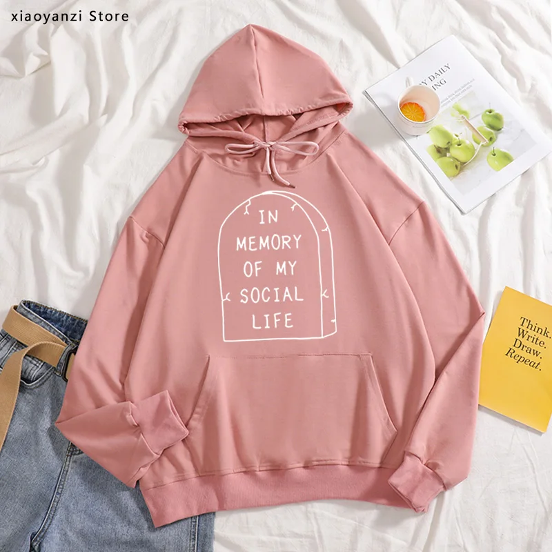 

In Memory of My Social Life Women hoodies Pastel Goth Grunge Goth Kawaii Hipster Rip Indie Cute pullovers graphic ot-e018