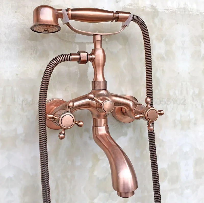 Antique Red Copper Shower Faucet Set W/ Tub Spout Hand Shower Wall Mounted Hot and Cold Mixer Tap Bathroom Faucets ztf801