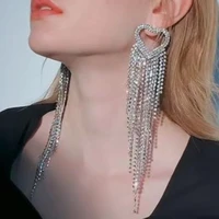 boutique bling rhinestone heart long tassel dangle earrings for women wedding jewelry shiny crystal statement drop earrings gift