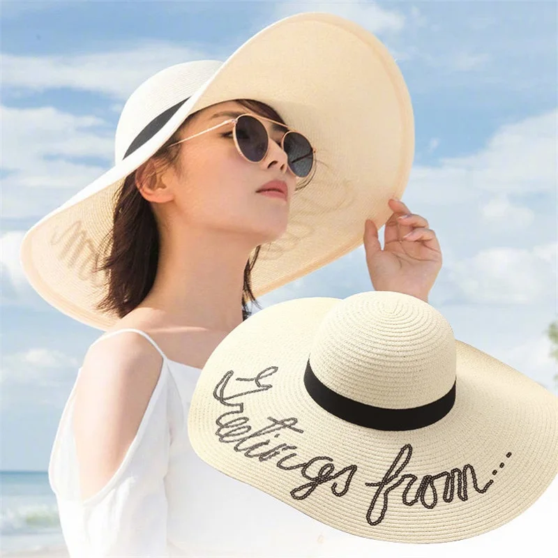 

Top Lacing Letter Straw Summer Sun Visor Hats For Women Lady Foldable Fashion Handmade Cap Wide Brim Panama Beach Hat Gorras