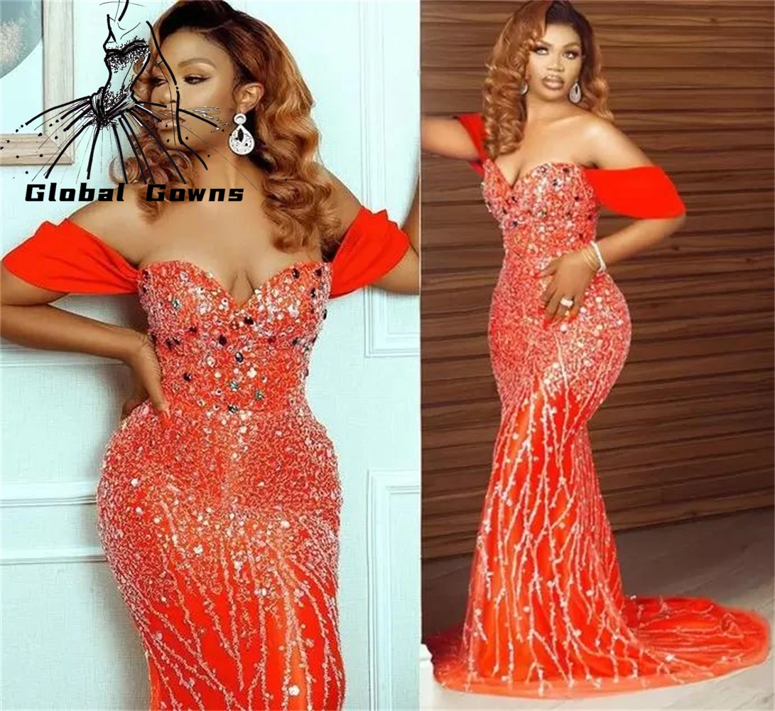

Luxury Sparkly Off The Shoulder Evening Dress Beaded Crystal Birthday Party Gowns Arabic Nigeria Gown Robe De Soirée Femme