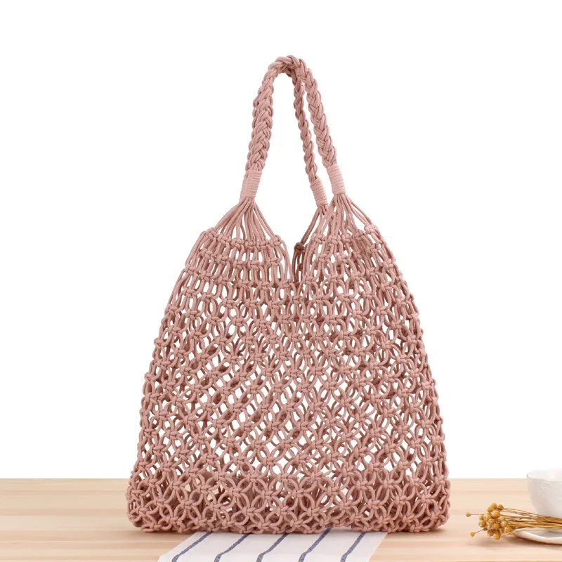 

New Solid Color One-shoulder Woven Bag Tide Female Sen Style Straw Woven Bag Handmade Cotton Rope Net Pocket Beach Bag