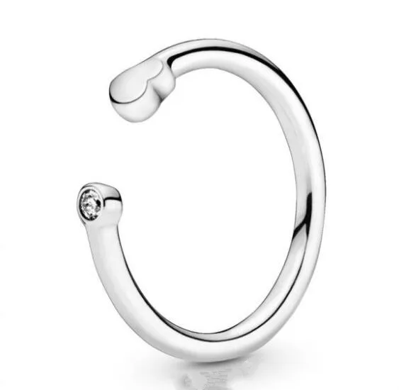 

925 Sterling Silver Pan Ring Work Polished Heart Open Ring With Crystal For Women Wedding Party Gift Fashion Jewelry