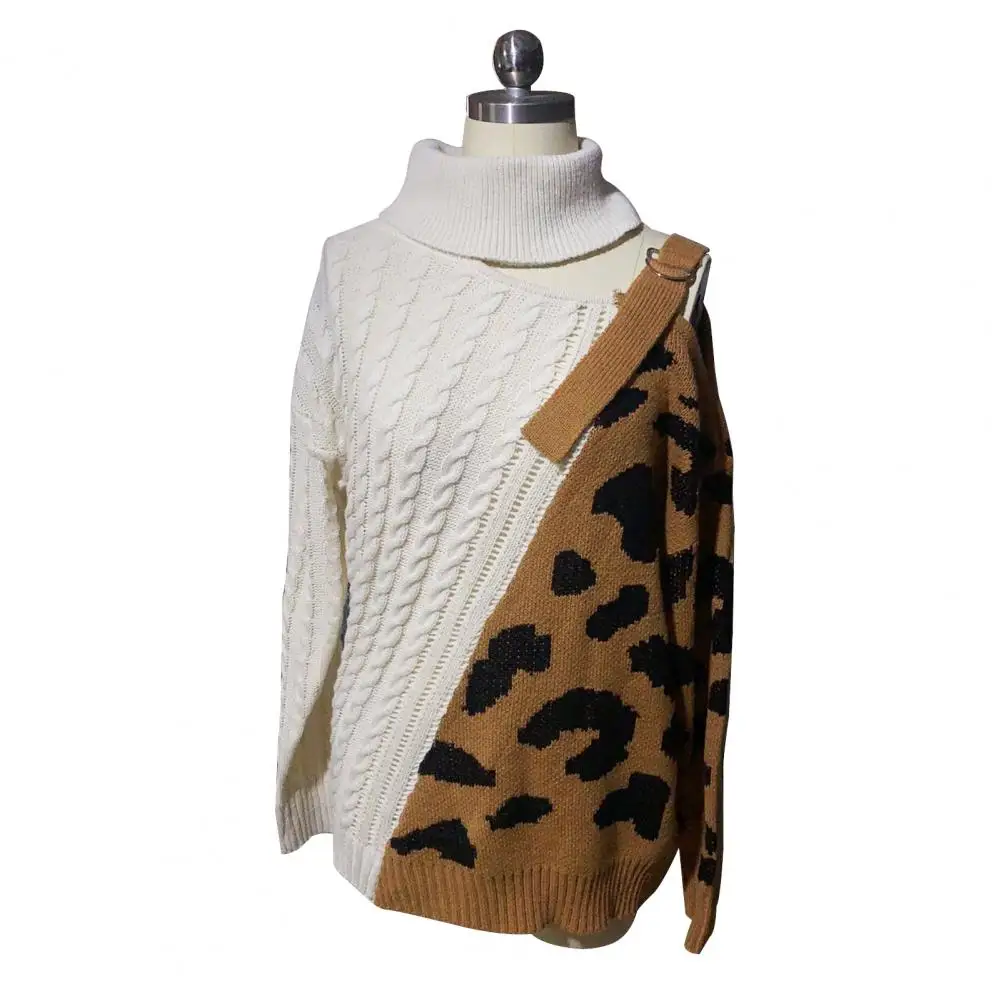 

Women Leopard Patchwork Turtleneck One Shoulder Sweater Twist Knitted Pullover sweaters for women fashion winter