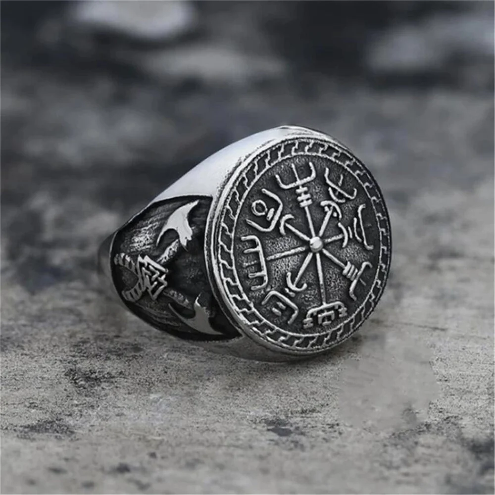 

Fashion Trend Domineering Retro Compass Double Axe Totem Men's Birthday Gift Ring Anniversary Party Jewelry Ring Wholesale