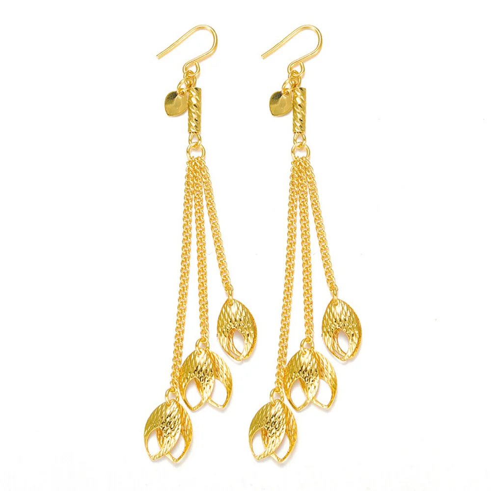

Dubai 24K gold Fashion Metal Tassel Leaf feather Drop Earrings for Women Personality Jewelry Temperament Long Bridal Earrings