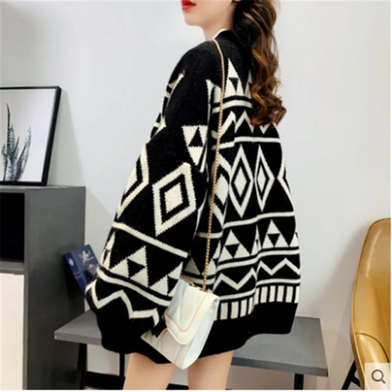 Женский вязаный свитер с длинным рукавом Свободный кардиган узором ромбиками